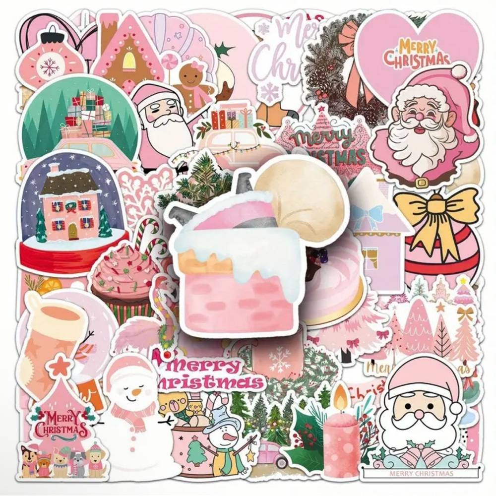50 Pink Christmas Holiday Stickers Santa Stocking Snowman Ornament Candle Tree